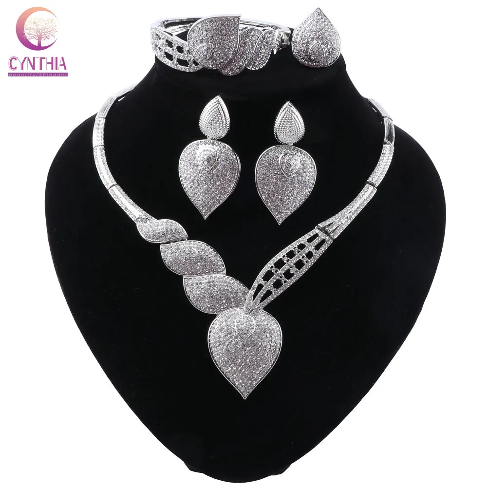 CYNTHIA Dubai African Silver Color Jewelry Sets For Women Bridal Gifts Necklace Earrings Bracelet Ring Set Italy Crystal Gifts ﻿