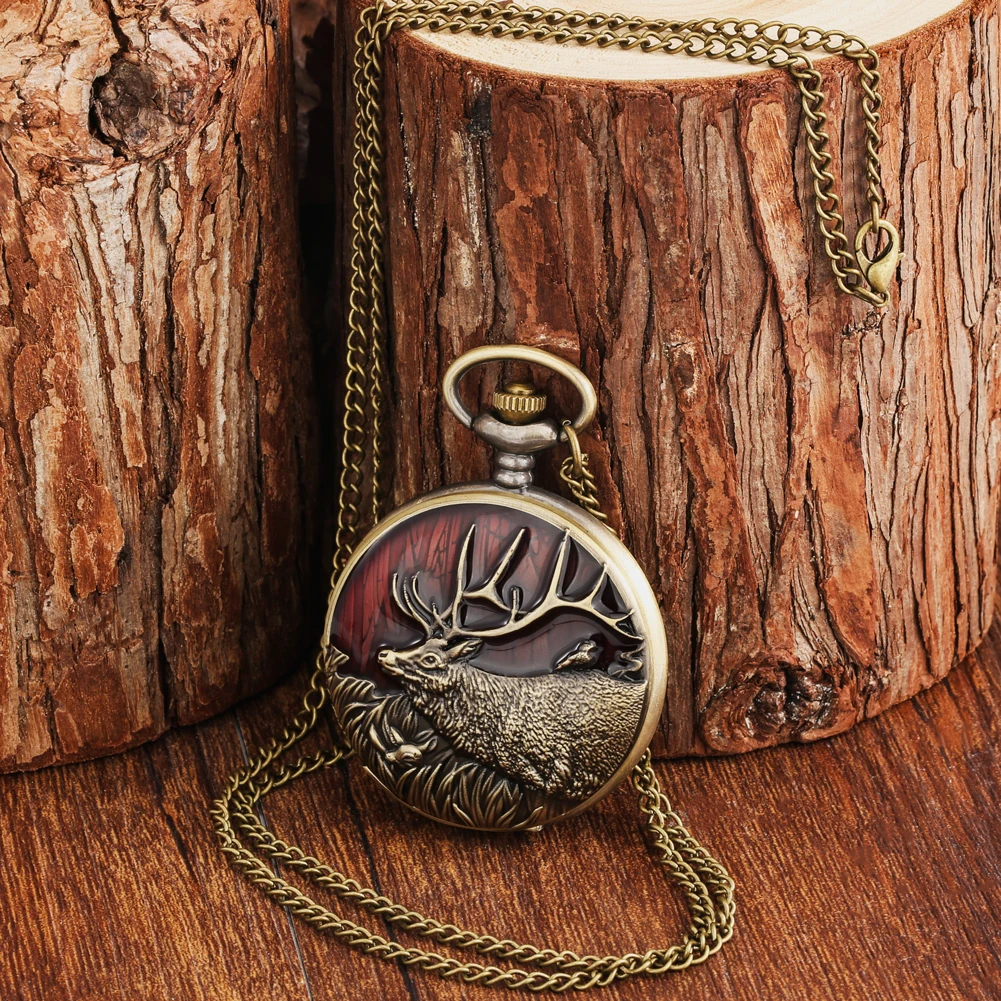 Chic Retro Bronze Elk Pattern Quartz Necklace Pocket Watch Vintage Sweater Chain Exquisite Pendant Pocket Clock for Men Women