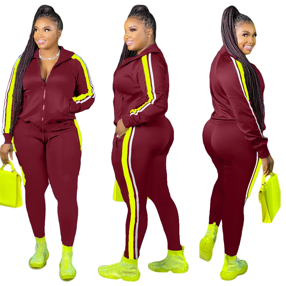 L-4XL Sport large plus size two piece set women clothing Splicing zip long sleeve top and pants suit Wholesale dropshopping