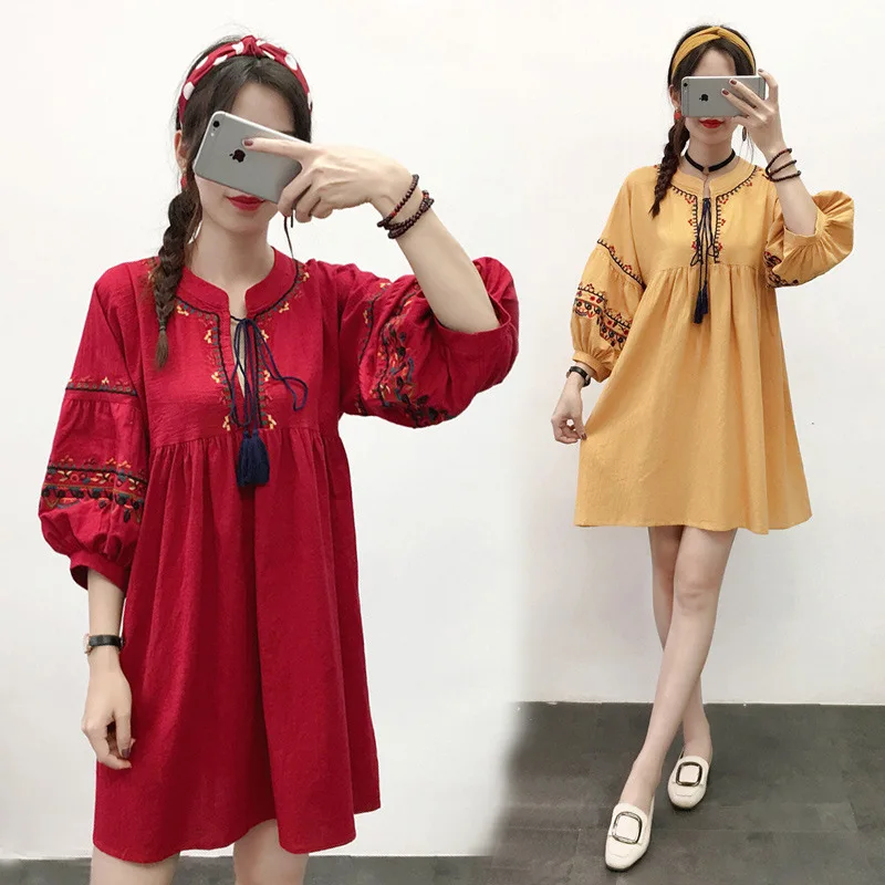 Vintage Chic Women Bohemian Holiday Floral Embroidery Mini Dress Retro Cotton Lantern Sleeves Hippie Dresses Vestidos Mujer