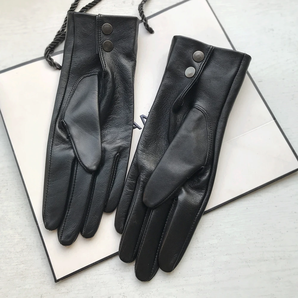 Unlined Women Genuine Leather gloves Men pure Sheepskin glove wrist button Black white 25cm Medium Long Basic