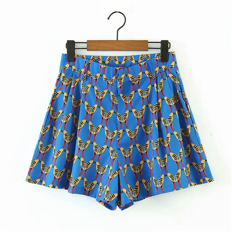 

Beach shorts with wild bird print for women, blue shorts, chic, high waist, zipper, loose, casual, fashion, summer, 2020