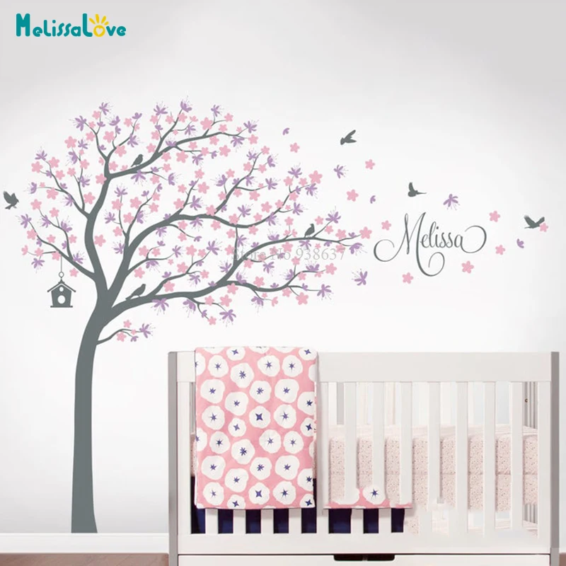 

Popular Name Custom Tree Sticker Personalized Nursery Decal Kids Baby Room Decor Birds Cherry Blossom Vinyl Wall Stickers BB035