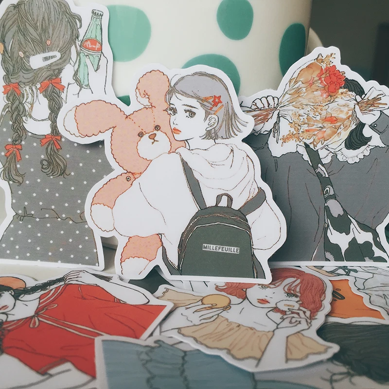 15PCS INS Wind Girl Character Adesivos Moda Wear Lady Sisters Hand Account Material Handbook Sticker Album DIY