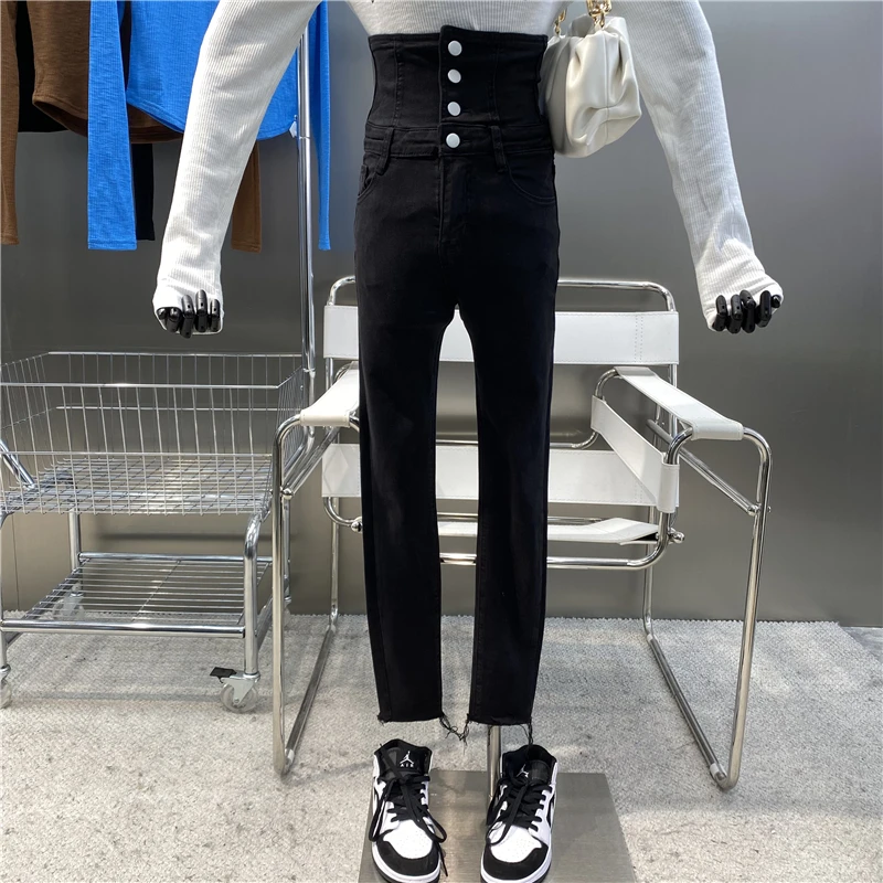 New Brand Original Design 2021 Single Breasted High Waist Skinny Jeans Cross Tie At The Back Elastic Fashion Burr Leggings Pants