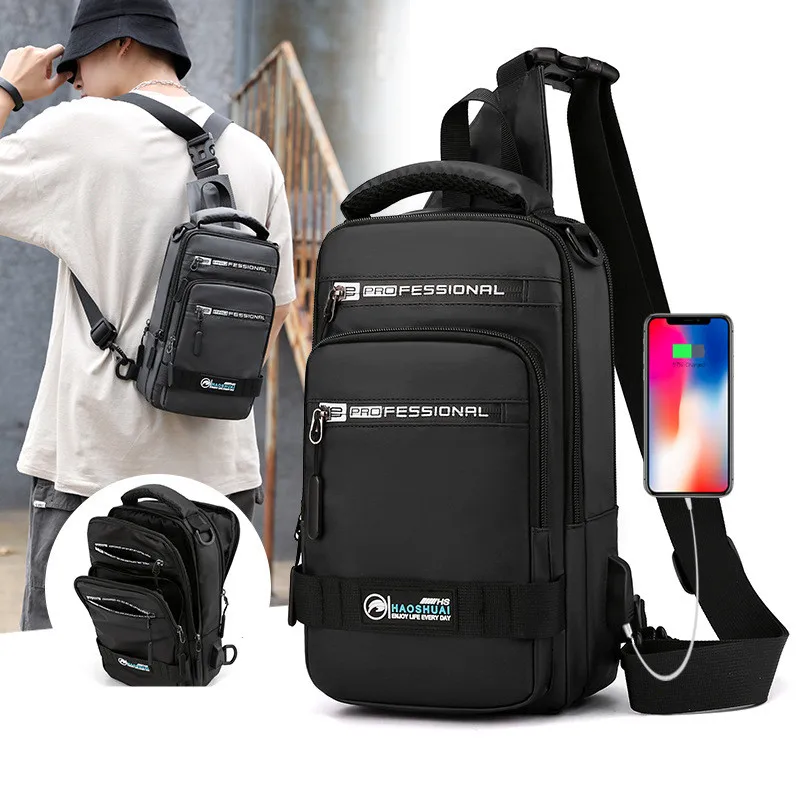 Waterproof Nylon Crossbody Bags For Men Multifunction Men Chest Bag Daypack Knapsack Male 2024 New Chest Pack With USB Charging