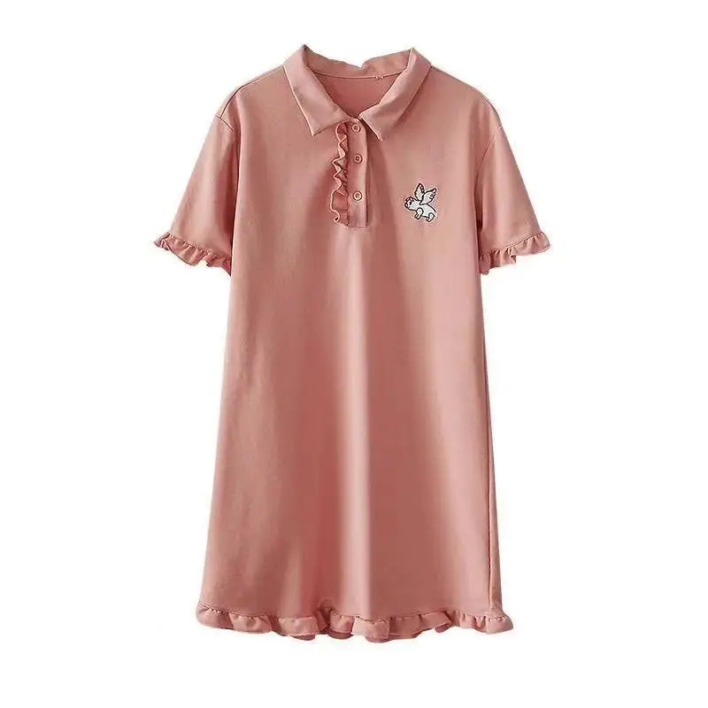 Mini robe POLO d'été pour femmes, manches courtes, rose brodé, t-shirt décontracté à volants