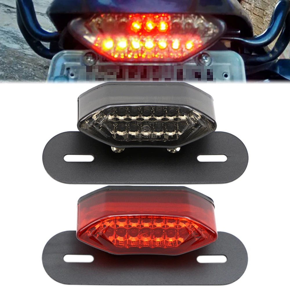 16 LED Motorcycle Tail Light Turn Signal Brake License Plate for Universal Motorbike Integrated Rear Lamp w/ Bracket Red / Smoke