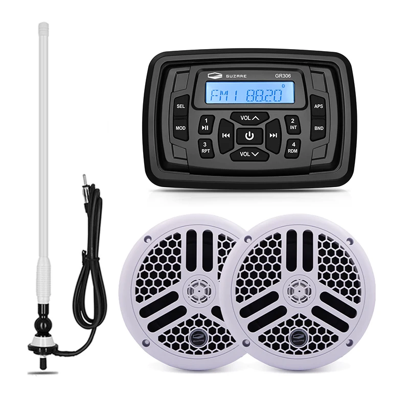 Waterproof Marine Bluetooth Stereo Radio Audio Media FM AM Outdoor Car MP3 Player Receiver+6.5Inch Marine Boat Speakers+Antenna