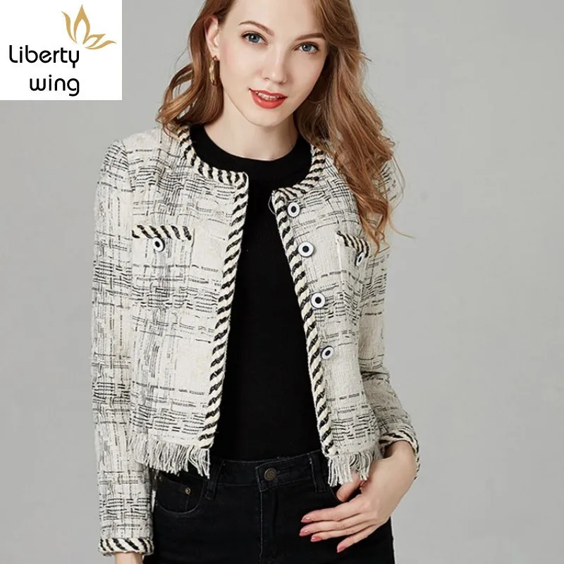 

Women Autumn New Tassels Fringed Tweed Jacket Short Slim Fit Office Ladies O Neck Long Sleeve Spliced Twill Party Coat