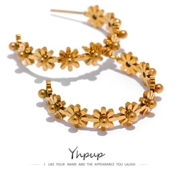 Yhpup Stainless Steel Round Flower Hoop Earrings Fashion Golden Metal Trendy Brand Texture Jewelry Party Gift Waterproof Women