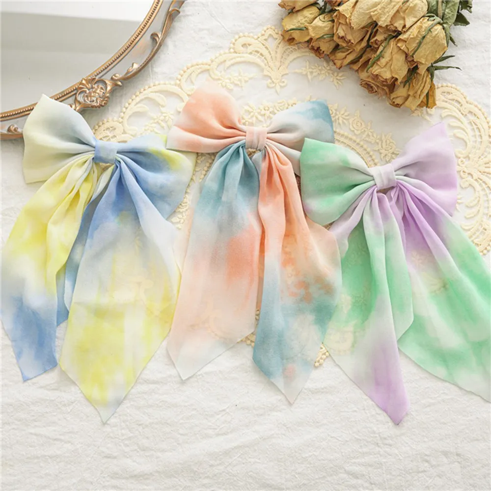 

9PC/lot Tie dye bowknot hair clip gradient rainbow fabric bow spring clips summer series wholesale