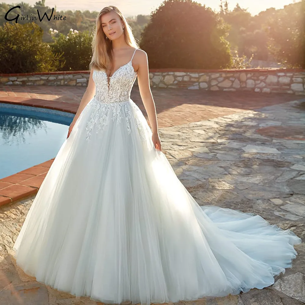 فساتين زفاف دانتيل بحزام سباغيتي على شكل حرف a بدون ظهر زي العرائس زينة العروس ذيل محكمة مخصص Vestido De Noiva