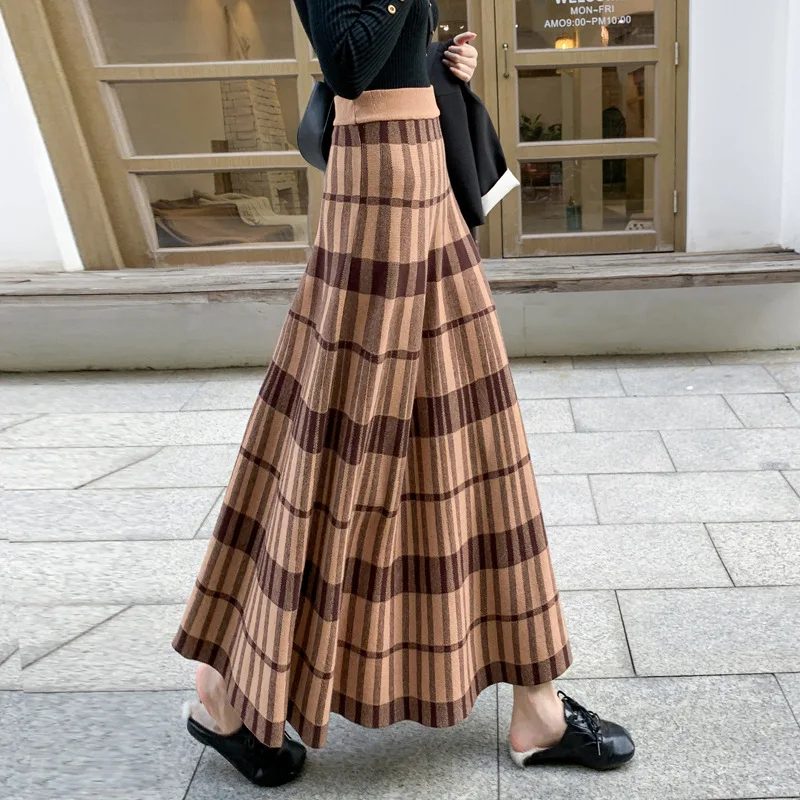 

Autumn Winter Women Midi-Calf Knitting Elastic Waist Casual Skirts Girls High Waist A-Line Elegant Plaid Skirt DS294