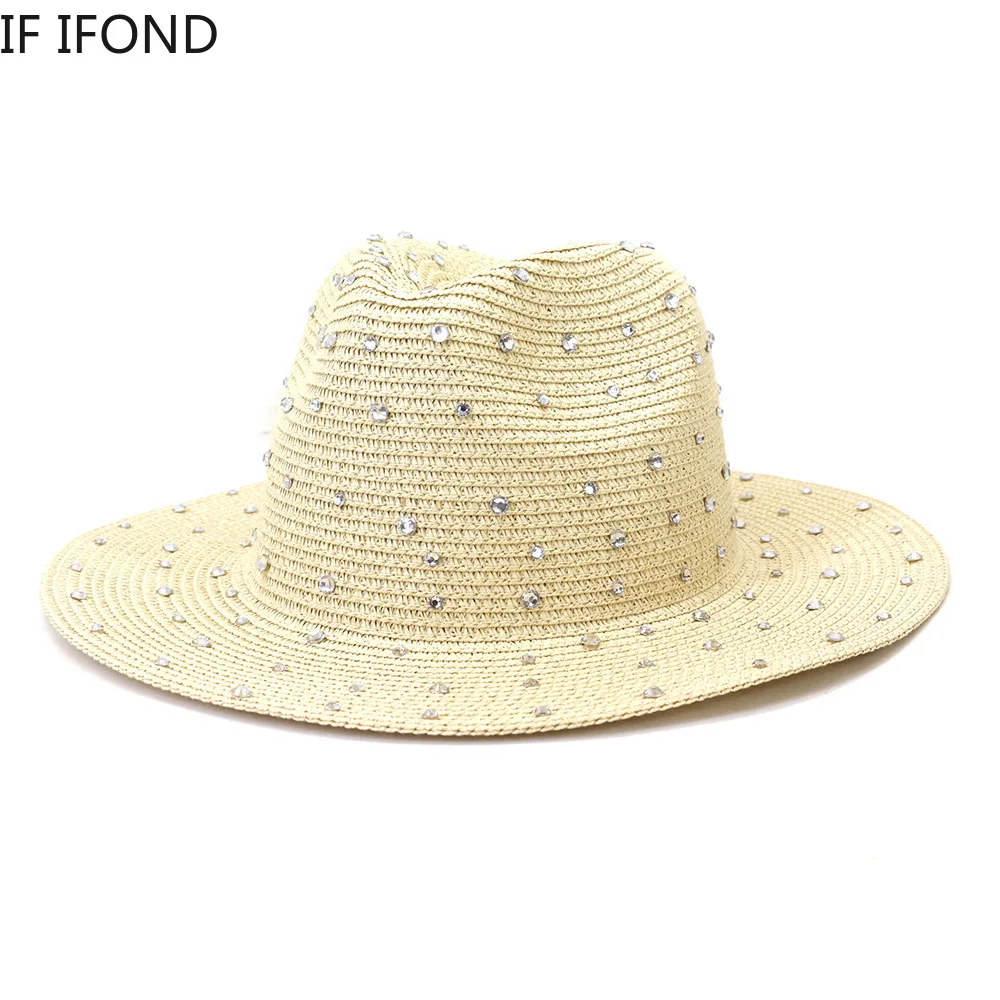 Hand made Diamond Straw Hat For Women's Summer Wide side Jazz Dress Cap Holiday Sun Protection Beach Hats