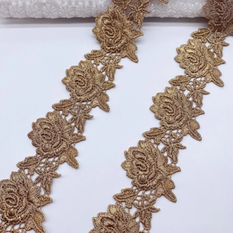 5Yds 4cm Width Golden Rose Flower Style Fabric Diy Lace Wedding Fluorescent Lace Gold Thread Embroidery Lace Accessories Trim