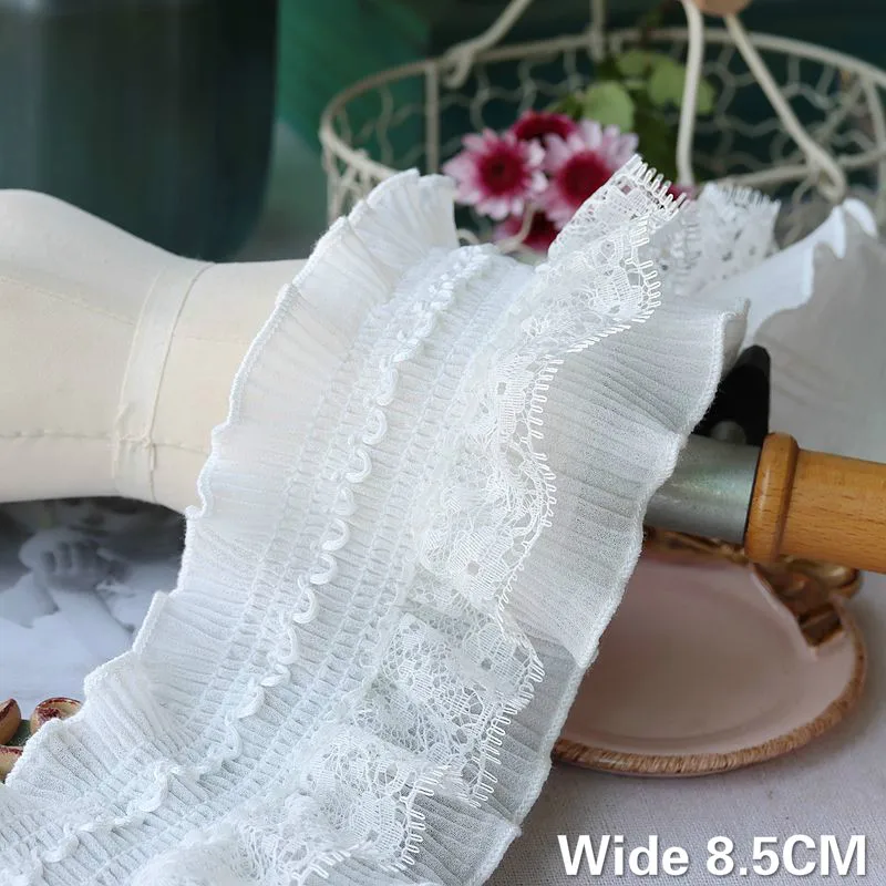 8.5CM Wide Exquisite White Eyelash Stretch Lace Pleated Chiffon Trim Embroidered Fringe Ribbon Garment Patchwork Sewing Supplies