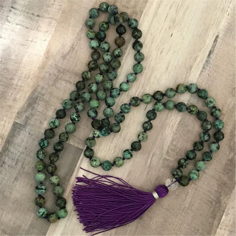 8mm Natural African Turquoise 108 Beads Tassel Knotted Necklace Cuff Yoga Classic Handmade Buddhism Wrist Stress Buddhist Lucky