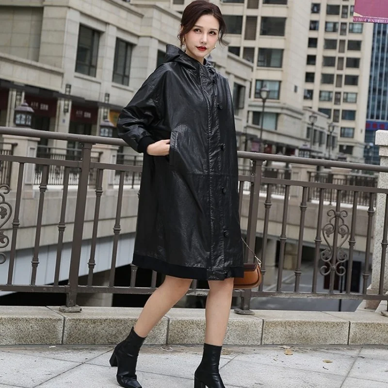 럭셔리 여성 느슨한 맞는 정품 가죽 후드 트렌치 코트 Streetwear 따뜻한 Windproof 쇠가죽 채찍으로 치다 우아한 레트로 스포츠 용 재킷