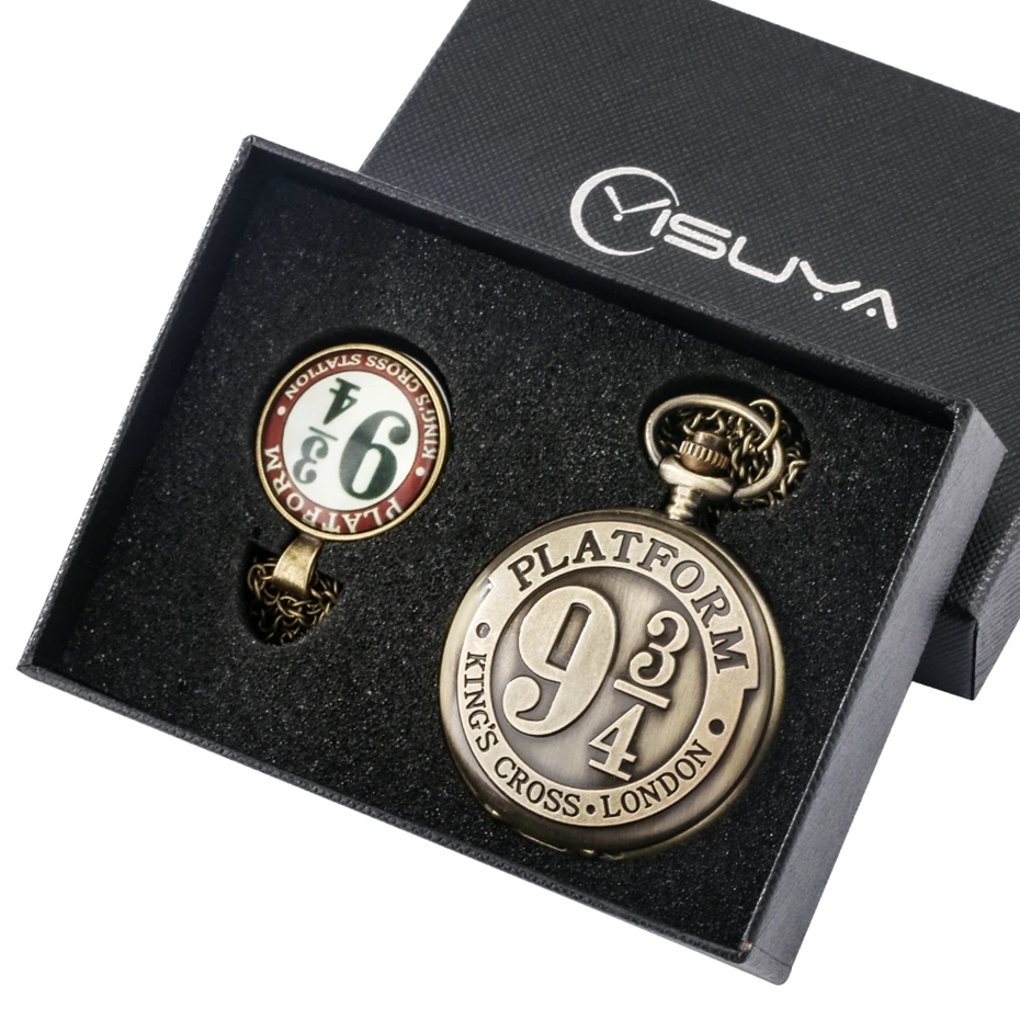 Vintage King's Cross London 9 3/4 Platform Quartz Pocket Watch Gifts Set with 9 3/4 Platform Chain Necklace Pendant Clock reloj