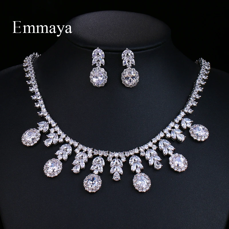 Emmaya New jewelry Design Luxury Style Leaf Round Stone For Women Lovely AAA Zircon Necklace Earring Banquet Gifts For Friends