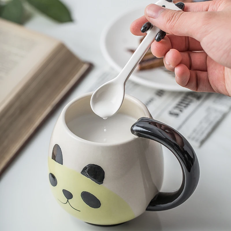 1pc Hand-painted Coffee Cup Lovely Panda/frog/cat/pig Ceramic Mug Teacup Include Teaspoon