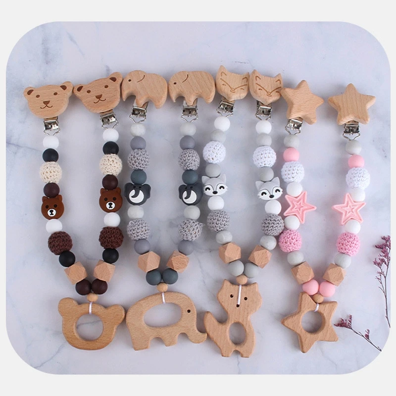 1-3Pcs/Set Baby Stroller Hanging Clip Pendant Mobile Rattle Dummy Holder Pacifier Chain Wooden Ring Bracelet Teether Toy