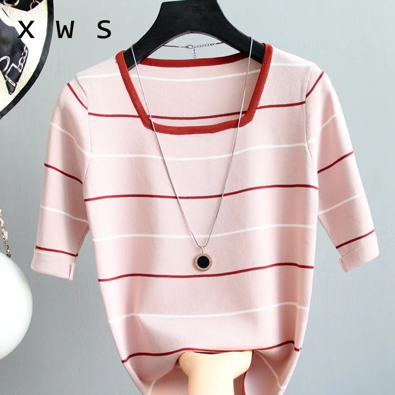 summer Knitted Women Sweater short Sleeves Loose casual Jumper Top square collar Female Sweater striped thin sweater oversize