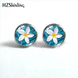 Pendientes de tuerca de acero inoxidable con pinturas de flores de Plumeria hawaiana, cabujón de cristal, joyería de moda