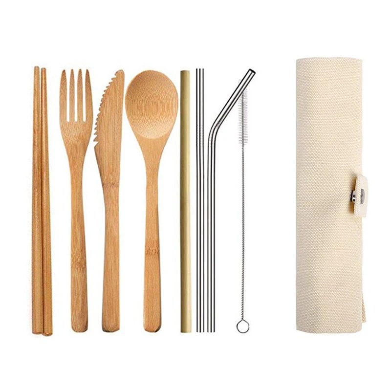 Bamboo Cutlery Set with Cutlery Bag Reusable Wooden Cutlery Fork Spoon Knife Set Tableware Nature bamboo Travel eco friendly 2