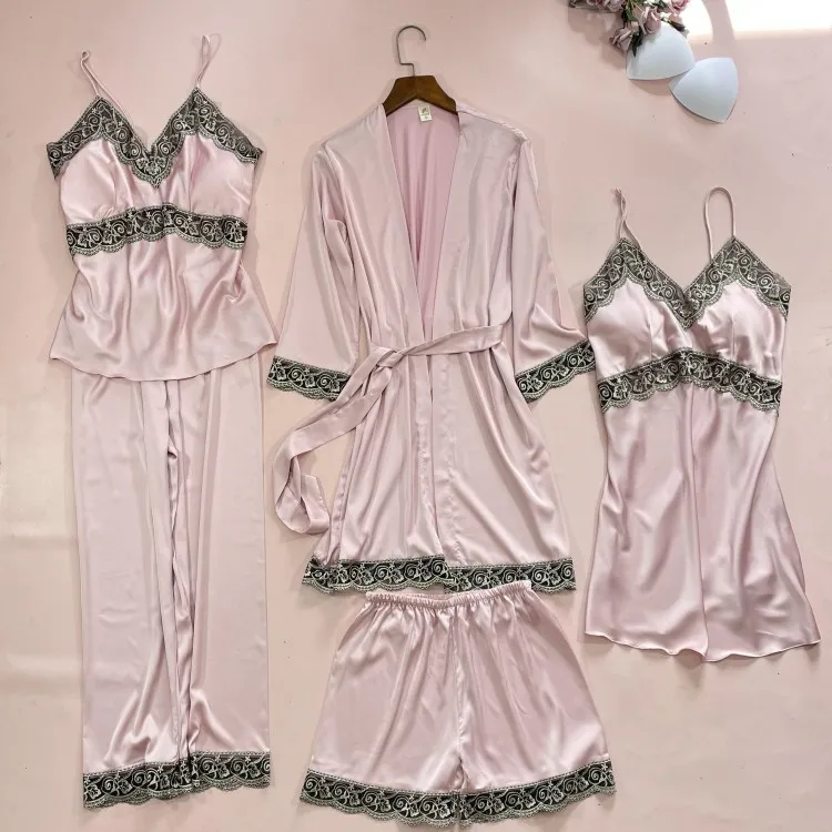 

5PCS Bride Dressing Gown Pajamas Sets Sexy Lace Kimono Bathrobe Nightgown Robe Suit Sleepwear Nightwear Pyjamas Summer Home Wear