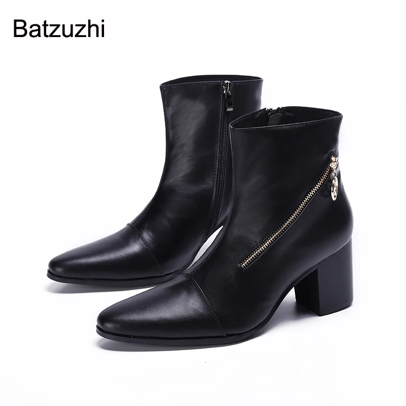 

Batzuzhi 7.5cm High Heels Men Boots Black Leather Ankle Boots Men Zip Knight Zapatos Hombre Party Wedding Shoes Male, Big 38-46