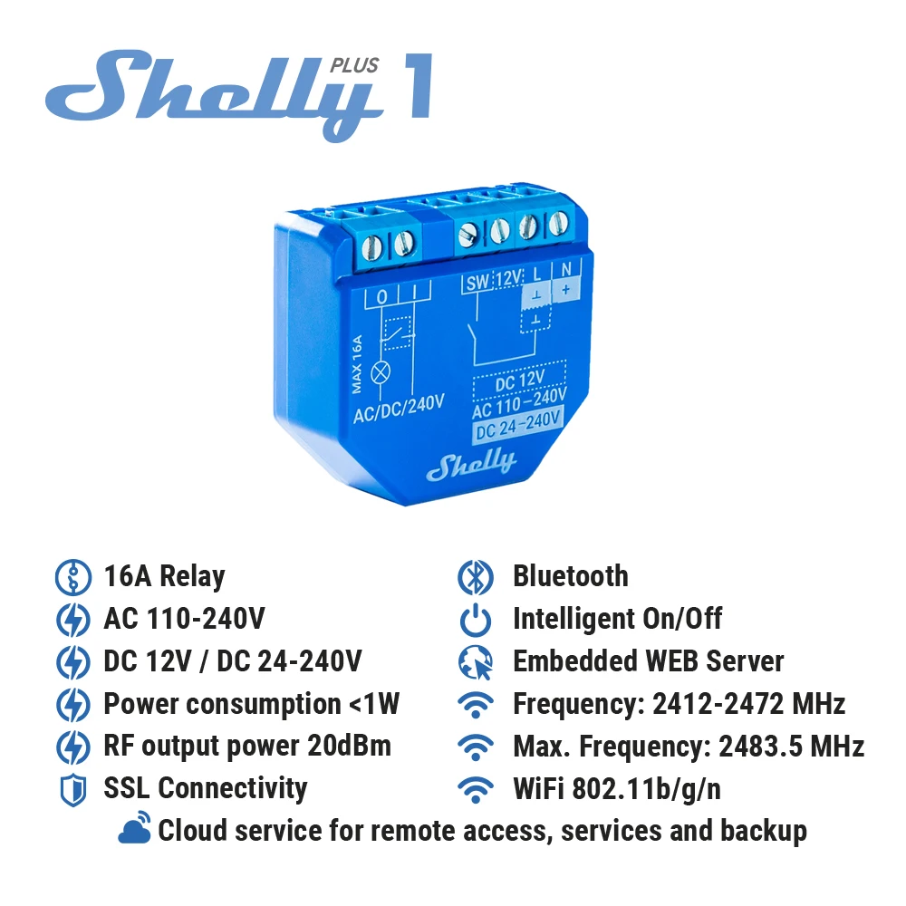 Shelly-Plus 1 Interruptor Home Inteligente, Wi-Fi, Bluetooth operado Relé, Suporte de Baixa Tensão, Controle de Proteção Sobre Temperatura