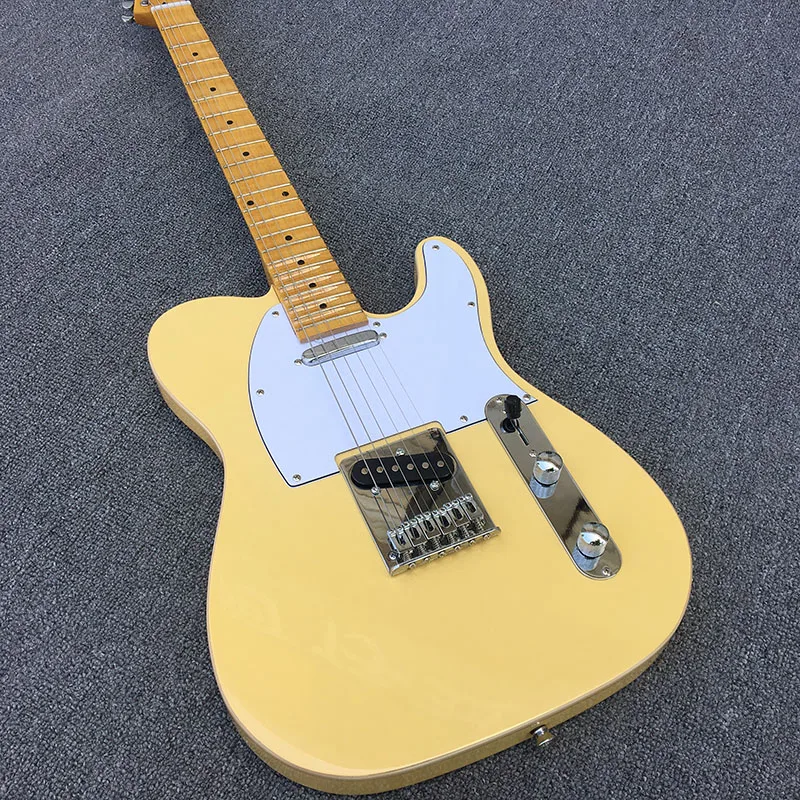 Scallop fingerboard 6-string electric guitar, basswood main body with maple fingerboard, cream yellow bright paint, free deliver