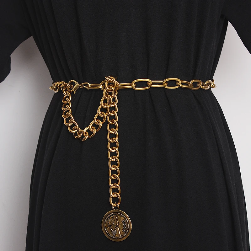 

Women's Runway Fashion Vintage Gold Metal Chain Cummerbunds Female Dress Corsets Waistband Belts Decoration Narrow Belt TB2068