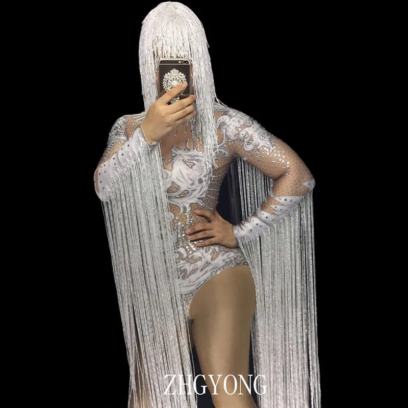 

White Tassels Sleeve Crystals Bodysuit Female Costume Nightclub Sexy Rhinestones Fringe Jumpsuit Singer Performance Stage Wear