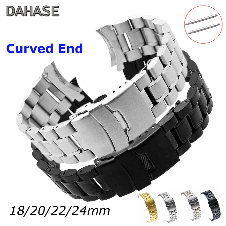 Watch Band Bracelet 18mm 20mm 22mm 24mm Wristband Stainless Steel Watch Strap Double Lock Buckle Curved End Wrist Belt w Pins