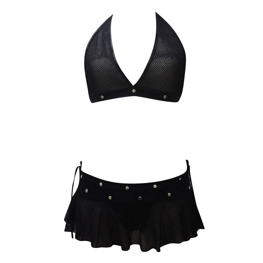 Sexy Push Up Lace Bra Lingerie Set For Women PU Leather Top Panties Tangas Underwear Fishnet Mini Dress Bodysuit sutian feminino image 6