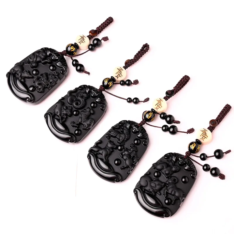 Chaveiro de animais de obsidiana preta, acessórios fofos de rato, vaca, tigre, coelho, dragão, cobra, cavalo, ovelha, macaco, frango, cachorro, porco