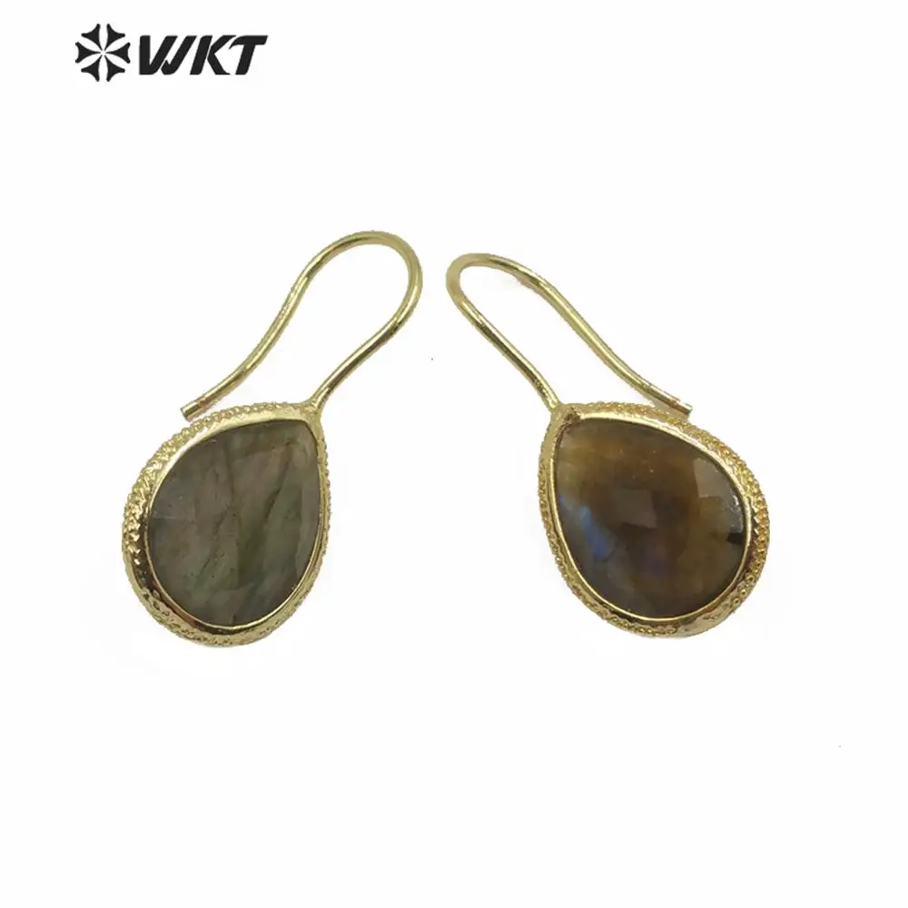 

WT-E620 WKT Hot Bezel Tiny Water Drop Shape Labradorite Women Fashion Gold Stone Hoop Earrings As Gift Decent Accessories