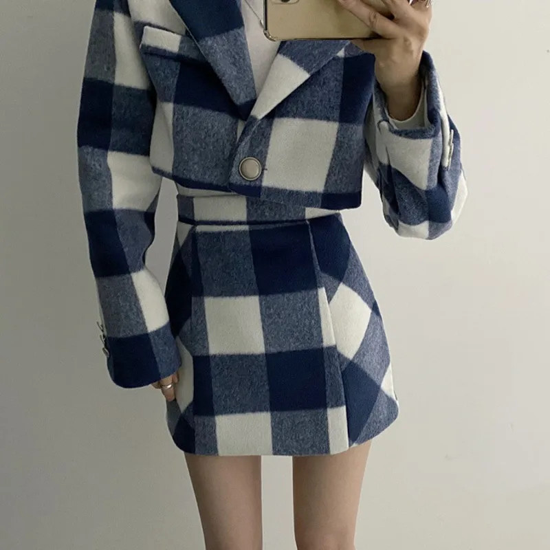 Single Button Blue White Plaid Woolen Sets Fashion Autumn Notched Long Sleeve Crop Coat High Waist Plaid Skirt Two-piece Suit