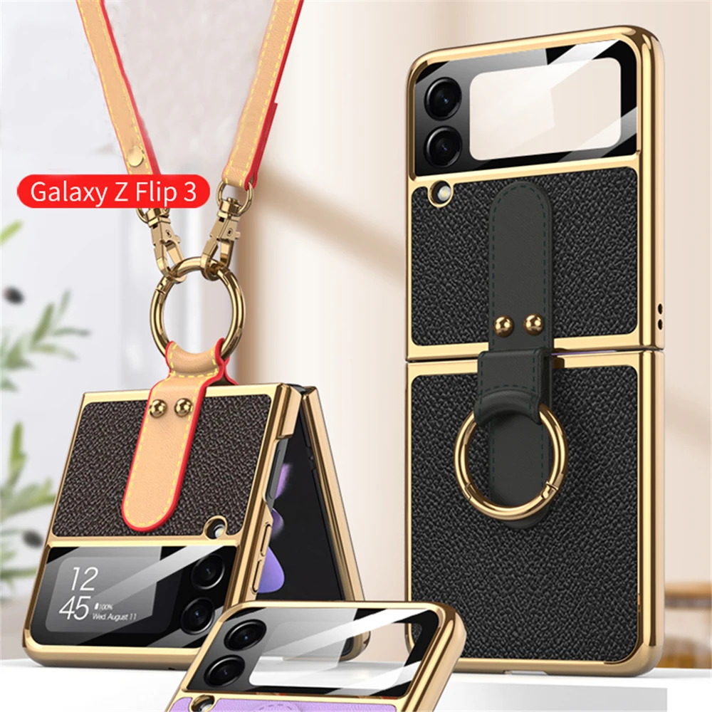 

With Ring Lanyard Luxury PU Leather Cover For Samsung Galaxy Z Flip 3 5G Case Built-in Screen Protector Phone Case Coque Fundas