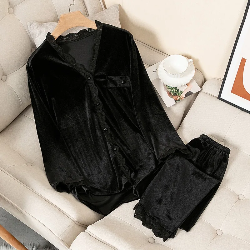 Casual Nightwear Pyjamas Suit Loose Home Sleepwear Long Sleeve Clothes Lace Trim Sleep Set Velvet Pajamas Women Autumn Winter