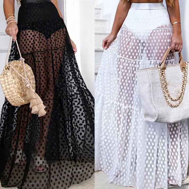 Women Mesh Sheer Maxi Skirt Wrap Skirt Beach Tulle See Through Dress Beachwear Swimwear Bikini Wear Cover Up Lace Crochet Dress