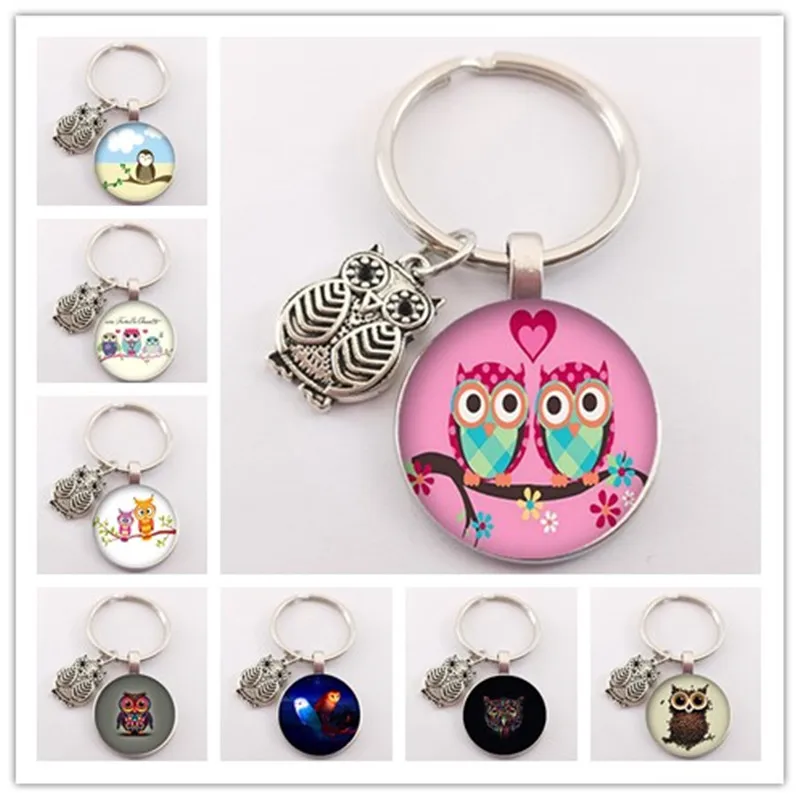 New cute cartoon owl key chain animal owl pattern key ring key ring chain holder glass convex round charm bag key chain