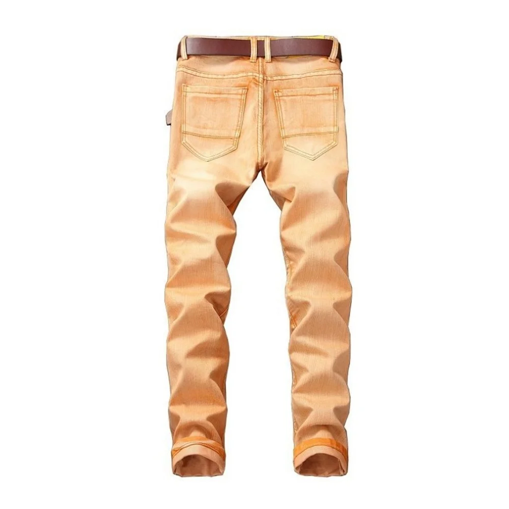 EH·MD® Pleated Hole Patch Jeans Men's Yellow Cotton Soft Small Straight High Street Personalized Slim Pants Motorcycle 2020 New