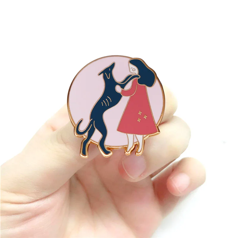 Greyhound Dogs Brooch Little Girl Play with The Dog Badge