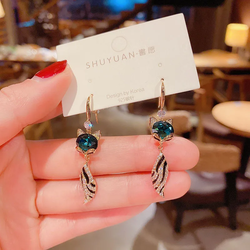 New Temperament Zircon Green Crystal Fox Long Fashion Personality Wild Earrings Women\'s Gift Earrings