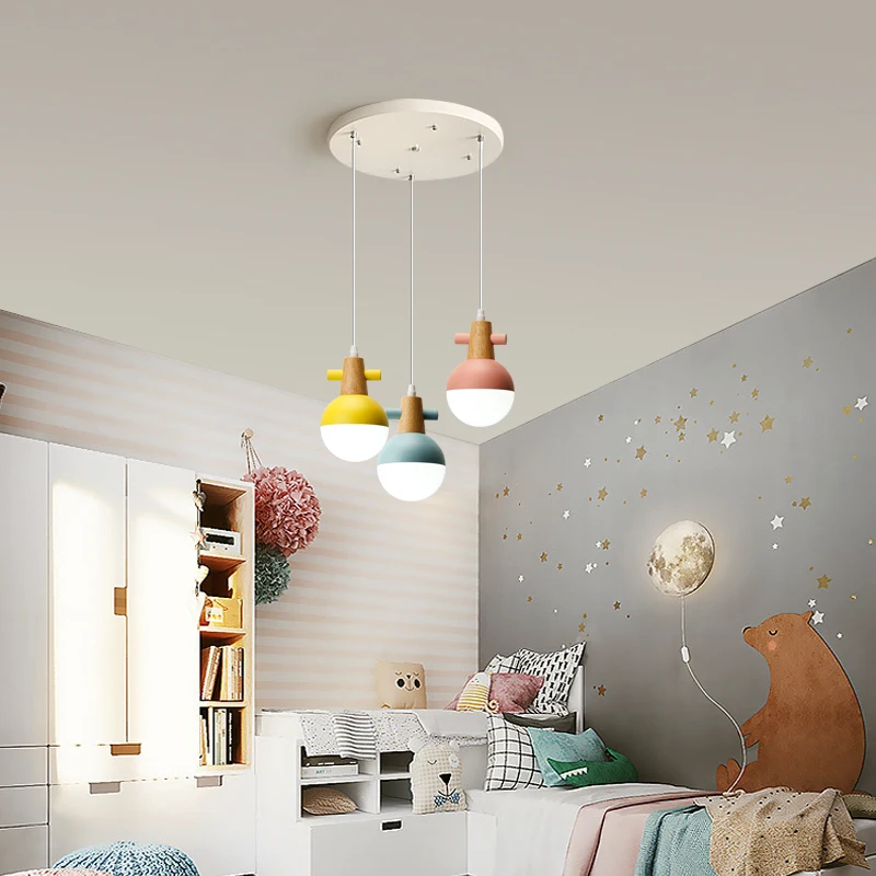 

Nordic Macaron Hanging Lights restaurant pendant lamp solid wood children's room bedroom lamps bar lamp bedside small chandelier