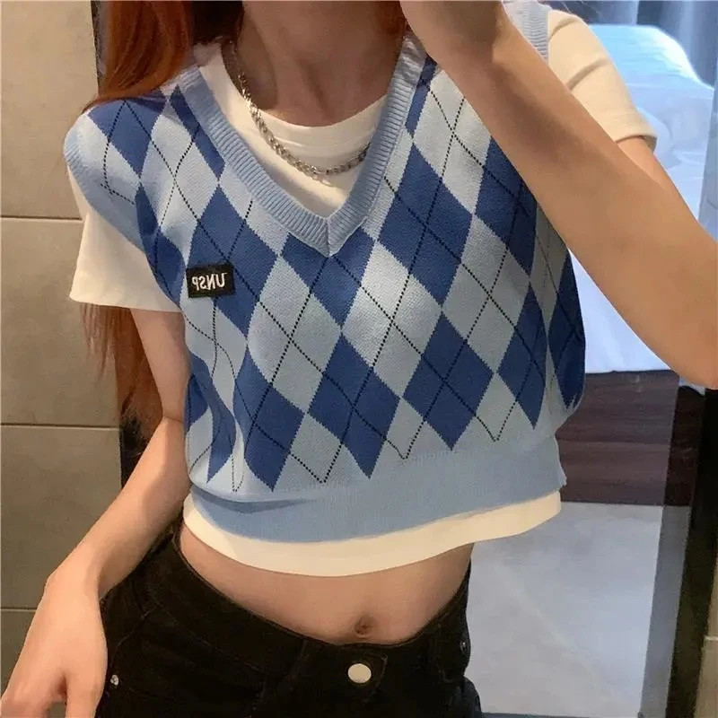 New V-neck Argyle Pullover Cropped Sweater Vest Harajuku Sleeveless Streetwear Knitted Sweater Korean Simple Loose Vest Sweater